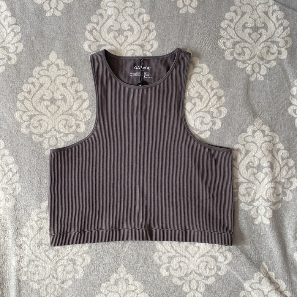 Garage - Taupe Basic Ribbed Racer Back Cropped Tank Top - Picture 3 of 5